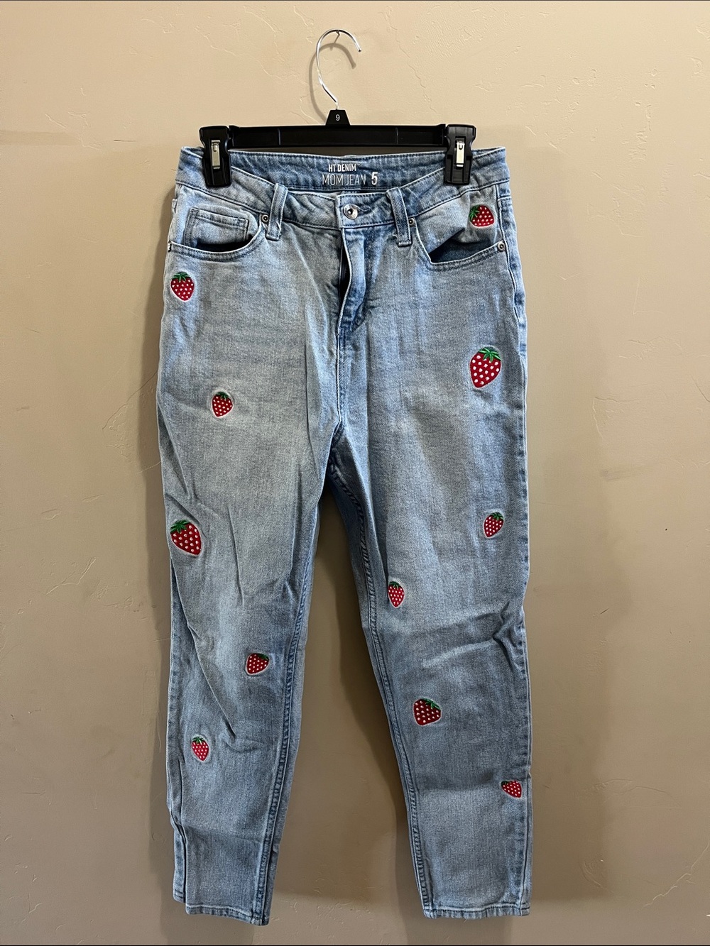 Light Blue Embroidered Strawberry Boyfriend Jeans